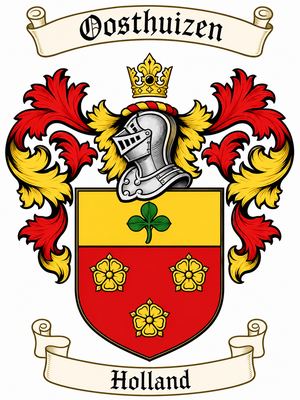 Oosthuizen arms as designed in 1946: in red three gold roses, 2 and 1, and on a chief of gold a green trefoil.